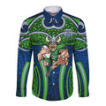 Canberra Raiders Rugby Long Sleeve Button Shirt Polynesian Tribal Viking Warrior Green Blue Pattern