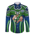 Canberra Raiders Rugby Long Sleeve Button Shirt Polynesian Tribal Viking Warrior Green Blue Pattern