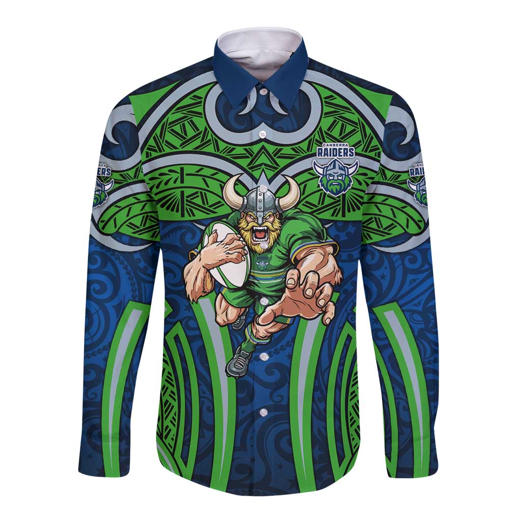 Canberra Raiders Rugby Long Sleeve Button Shirt Polynesian Tribal Viking Warrior Green Blue Pattern