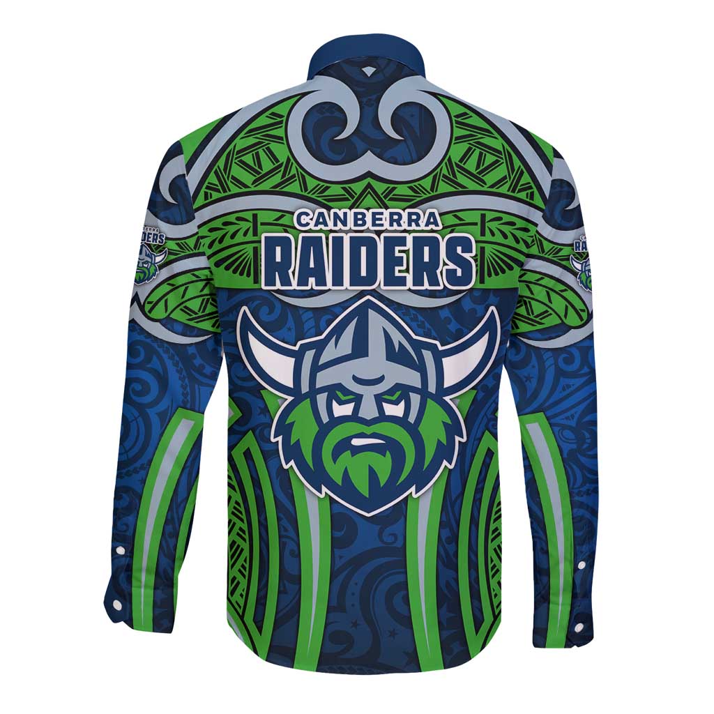 Canberra Raiders Rugby Long Sleeve Button Shirt Polynesian Tribal Viking Warrior Green Blue Pattern