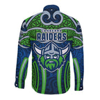 Canberra Raiders Rugby Long Sleeve Button Shirt Polynesian Tribal Viking Warrior Green Blue Pattern