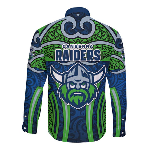 Canberra Raiders Rugby Long Sleeve Button Shirt Polynesian Tribal Viking Warrior Green Blue Pattern