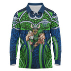 Canberra Raiders Rugby Long Sleeve Polo Shirt Polynesian Tribal Viking Warrior Green Blue Pattern