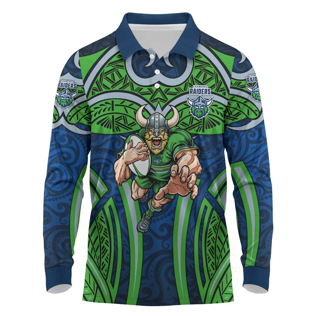 Canberra Raiders Rugby Long Sleeve Polo Shirt Polynesian Tribal Viking Warrior Green Blue Pattern
