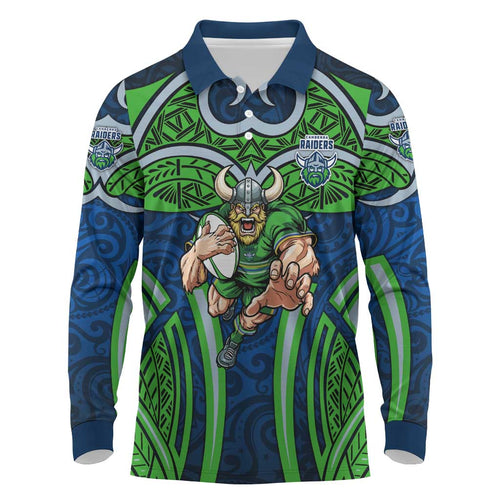 Canberra Raiders Rugby Long Sleeve Polo Shirt Polynesian Tribal Viking Warrior Green Blue Pattern