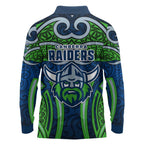Canberra Raiders Rugby Long Sleeve Polo Shirt Polynesian Tribal Viking Warrior Green Blue Pattern