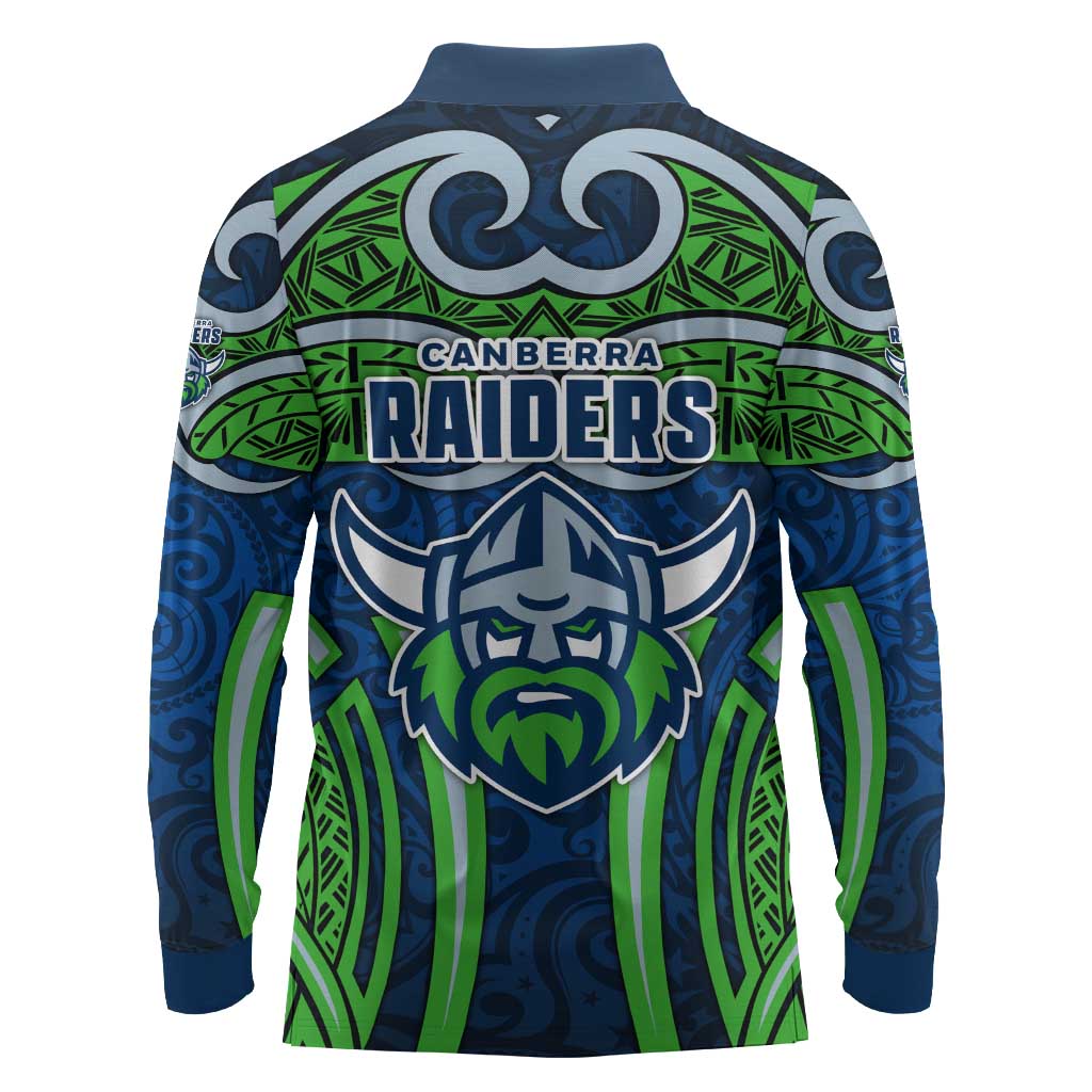 Canberra Raiders Rugby Long Sleeve Polo Shirt Polynesian Tribal Viking Warrior Green Blue Pattern