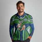 Canberra Raiders Rugby Long Sleeve Polo Shirt Polynesian Tribal Viking Warrior Green Blue Pattern
