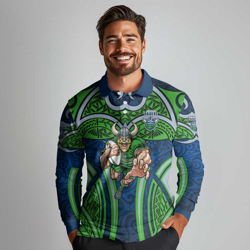 Canberra Raiders Rugby Long Sleeve Polo Shirt Polynesian Tribal Viking Warrior Green Blue Pattern