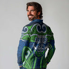 Canberra Raiders Rugby Long Sleeve Polo Shirt Polynesian Tribal Viking Warrior Green Blue Pattern