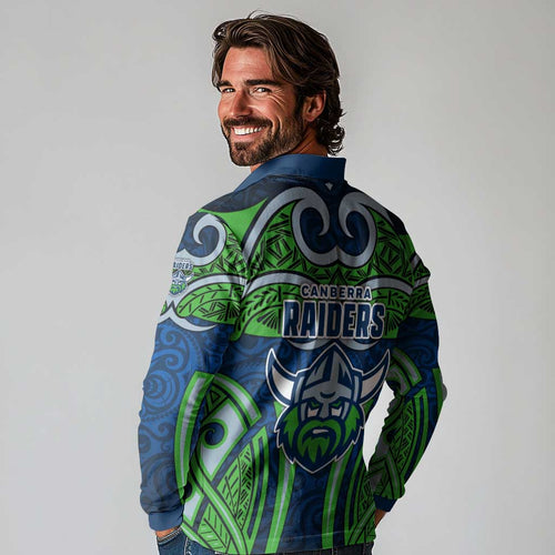 Canberra Raiders Rugby Long Sleeve Polo Shirt Polynesian Tribal Viking Warrior Green Blue Pattern