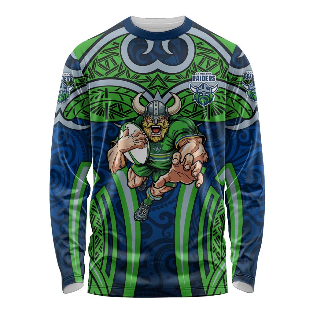 Canberra Raiders Rugby Long Sleeve Shirt Polynesian Tribal Viking Warrior Green Blue Pattern