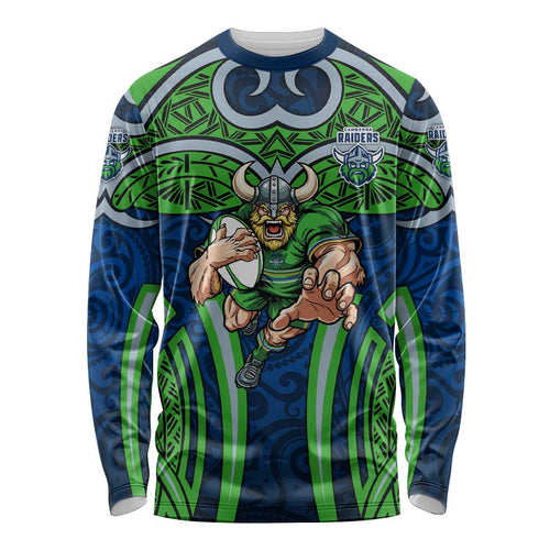 Canberra Raiders Rugby Long Sleeve Shirt Polynesian Tribal Viking Warrior Green Blue Pattern