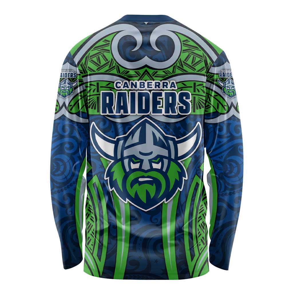 Canberra Raiders Rugby Long Sleeve Shirt Polynesian Tribal Viking Warrior Green Blue Pattern