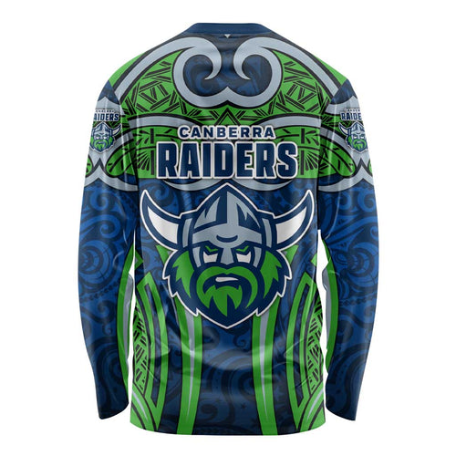 Canberra Raiders Rugby Long Sleeve Shirt Polynesian Tribal Viking Warrior Green Blue Pattern