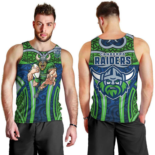 Canberra Raiders Rugby Men Tank Top Polynesian Tribal Viking Warrior Green Blue Pattern