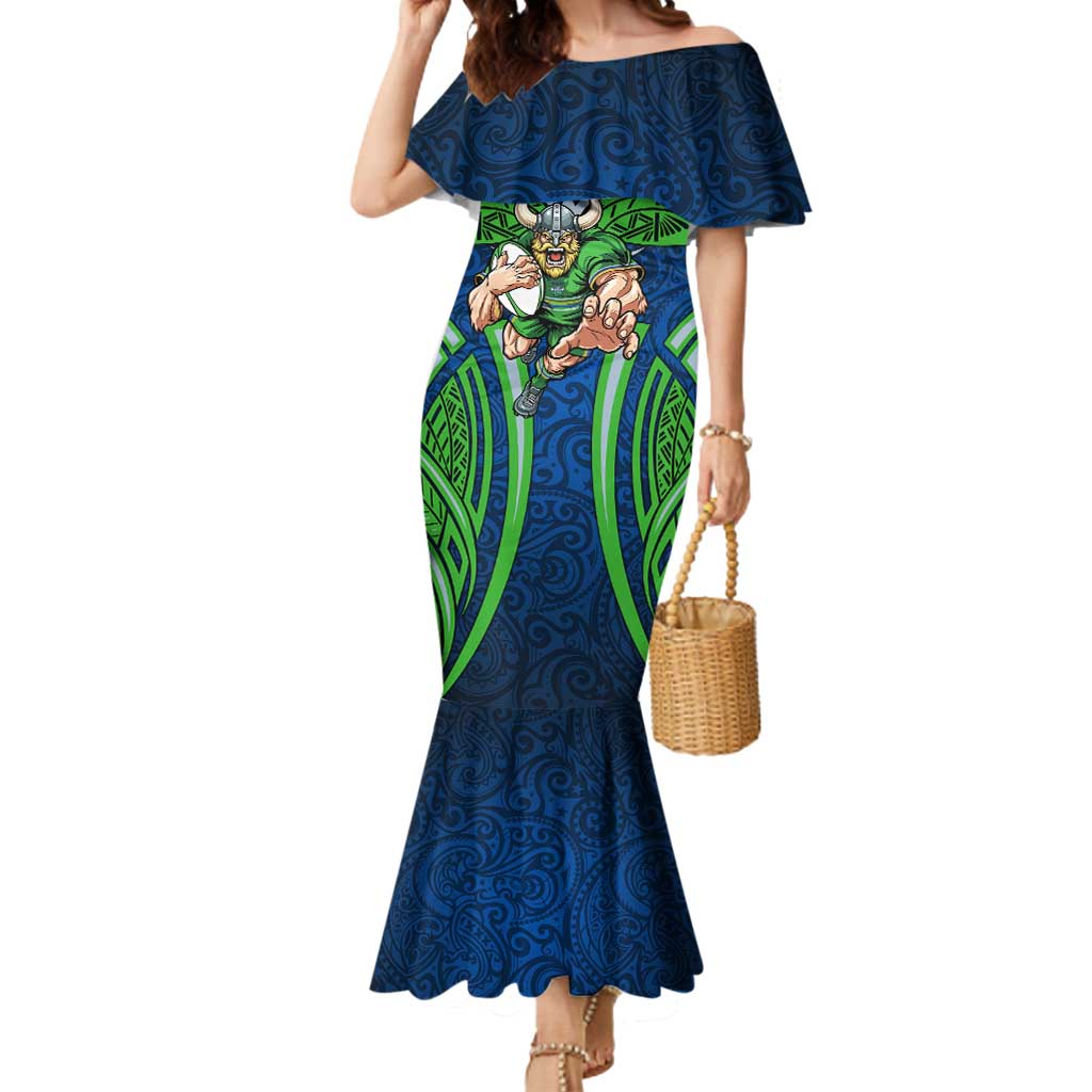Canberra Raiders Rugby Mermaid Dress Polynesian Tribal Viking Warrior Green Blue Pattern