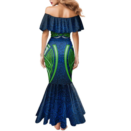 Canberra Raiders Rugby Mermaid Dress Polynesian Tribal Viking Warrior Green Blue Pattern