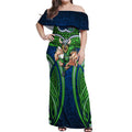 Canberra Raiders Rugby Off Shoulder Maxi Dress Polynesian Tribal Viking Warrior Green Blue Pattern