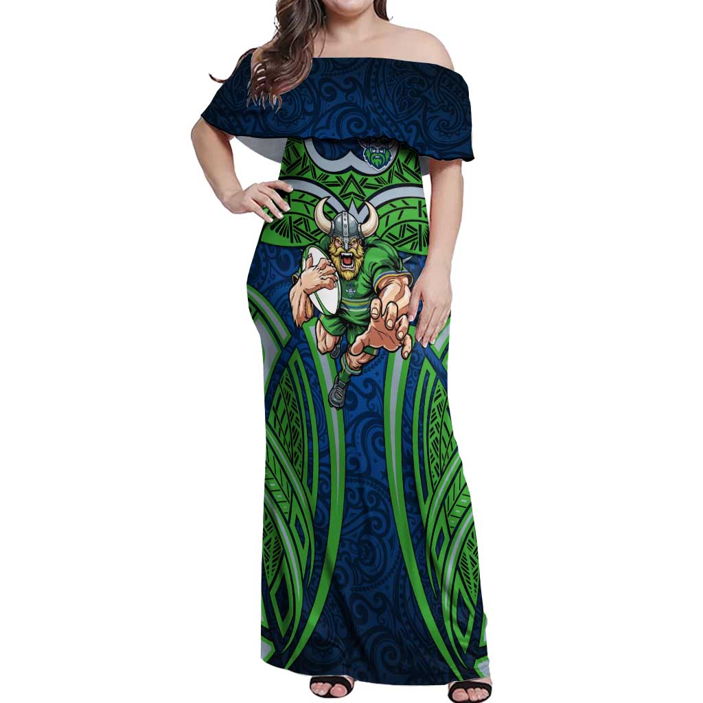 Canberra Raiders Rugby Off Shoulder Maxi Dress Polynesian Tribal Viking Warrior Green Blue Pattern