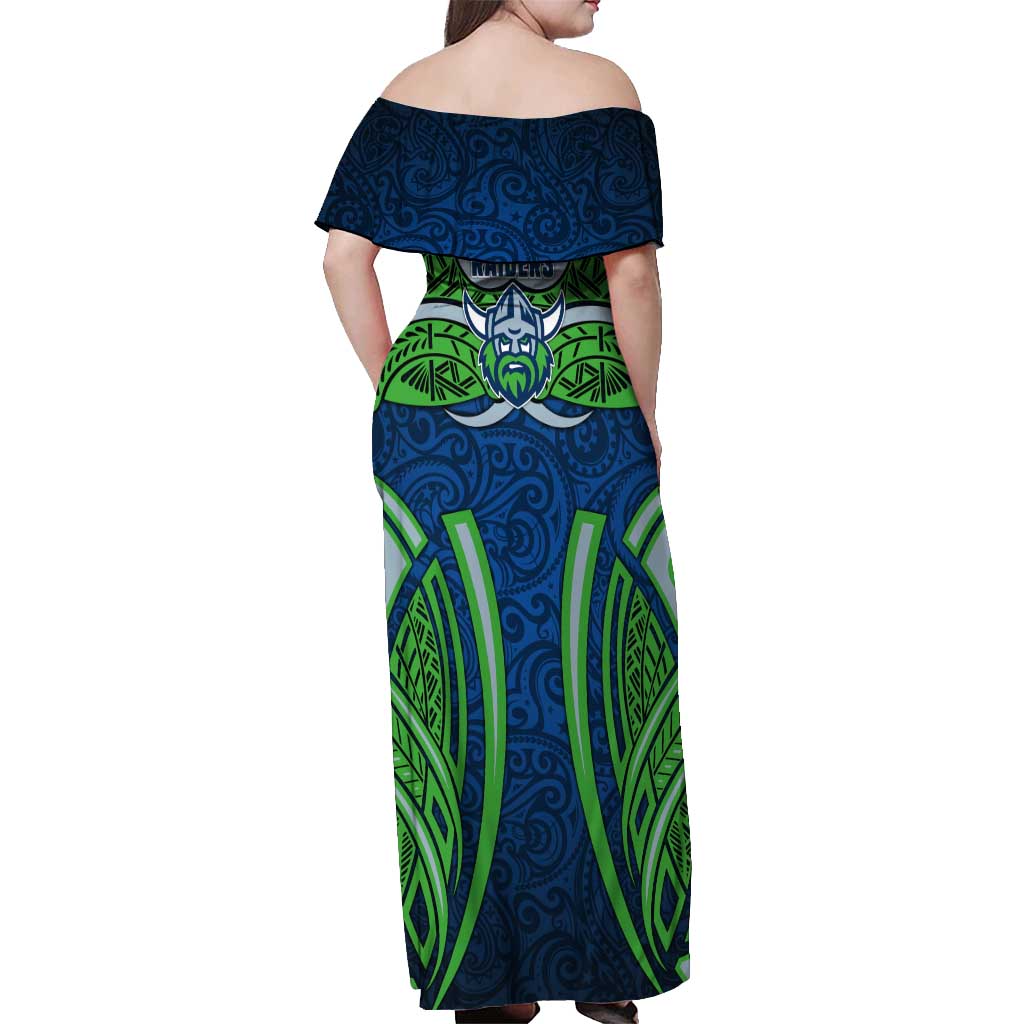 Canberra Raiders Rugby Off Shoulder Maxi Dress Polynesian Tribal Viking Warrior Green Blue Pattern