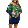 Canberra Raiders Rugby Off Shoulder Short Dress Polynesian Tribal Viking Warrior Green Blue Pattern