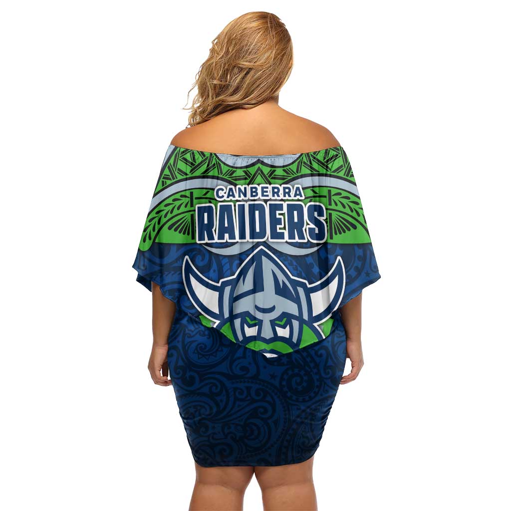 Canberra Raiders Rugby Off Shoulder Short Dress Polynesian Tribal Viking Warrior Green Blue Pattern