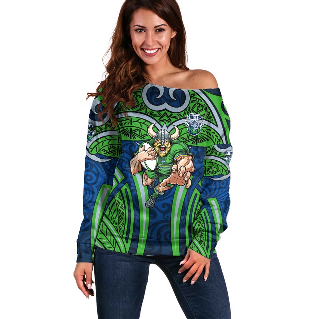 Canberra Raiders Rugby Off Shoulder Sweater Polynesian Tribal Viking Warrior Green Blue Pattern