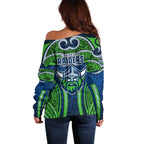 Canberra Raiders Rugby Off Shoulder Sweater Polynesian Tribal Viking Warrior Green Blue Pattern
