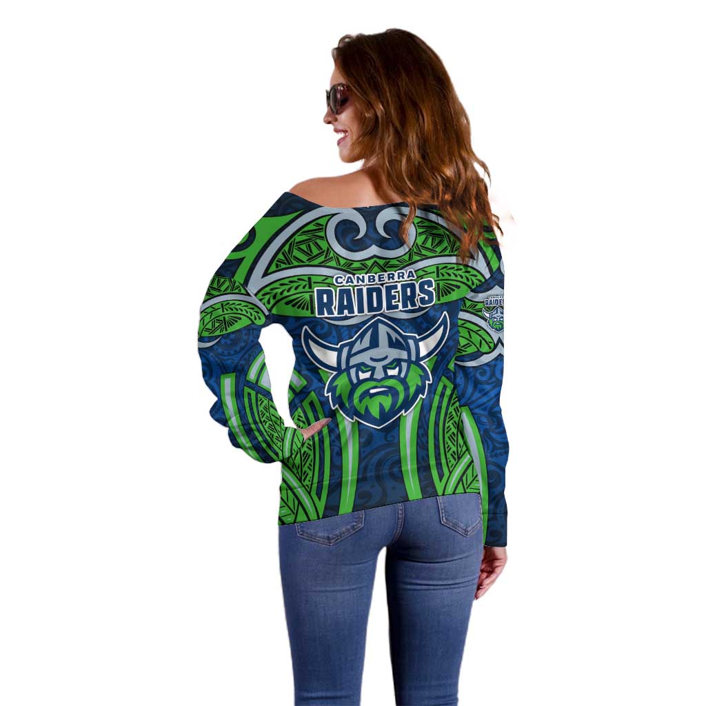 Canberra Raiders Rugby Off Shoulder Sweater Polynesian Tribal Viking Warrior Green Blue Pattern