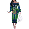 Canberra Raiders Rugby Off The Shoulder Long Sleeve Dress Polynesian Tribal Viking Warrior Green Blue Pattern