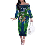 Canberra Raiders Rugby Off The Shoulder Long Sleeve Dress Polynesian Tribal Viking Warrior Green Blue Pattern