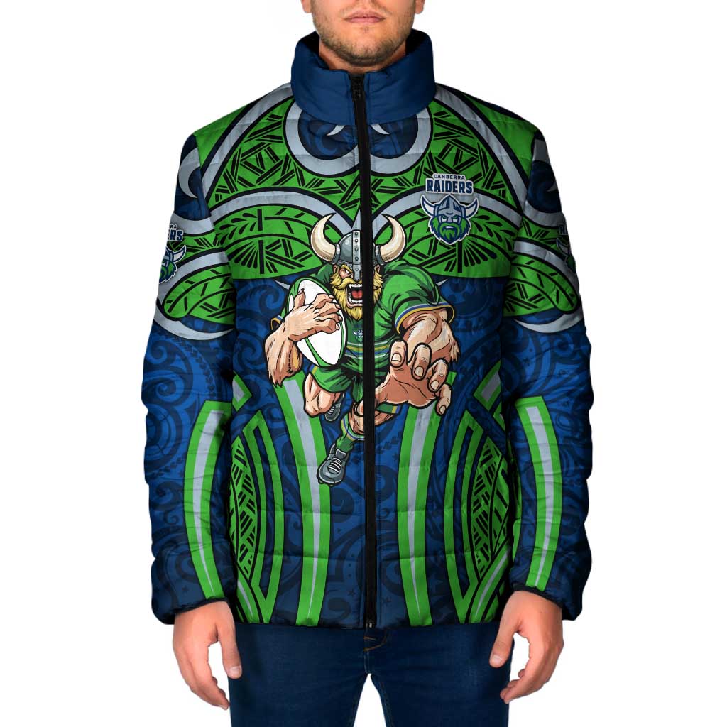 Canberra Raiders Rugby Padded Jacket Polynesian Tribal Viking Warrior Green Blue Pattern