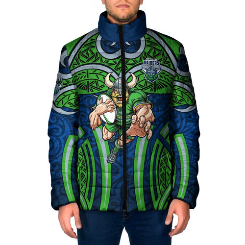 Canberra Raiders Rugby Padded Jacket Polynesian Tribal Viking Warrior Green Blue Pattern
