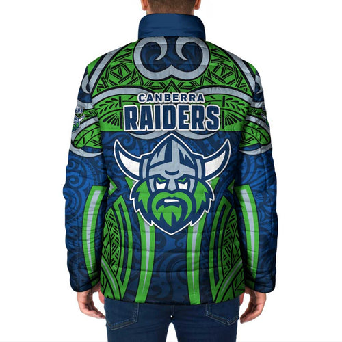 Canberra Raiders Rugby Padded Jacket Polynesian Tribal Viking Warrior Green Blue Pattern