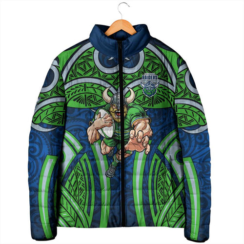 Canberra Raiders Rugby Padded Jacket Polynesian Tribal Viking Warrior Green Blue Pattern