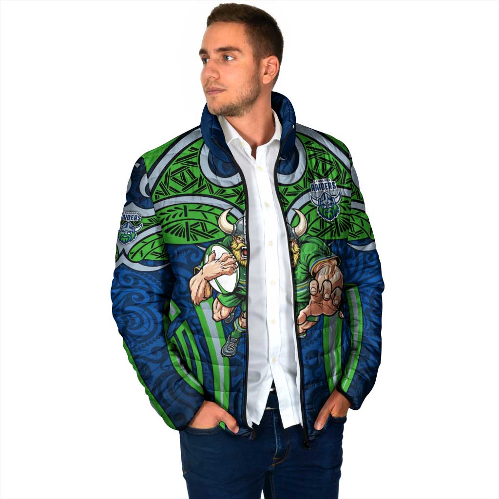 Canberra Raiders Rugby Padded Jacket Polynesian Tribal Viking Warrior Green Blue Pattern