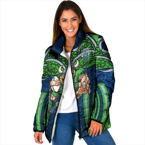 Canberra Raiders Rugby Padded Jacket Polynesian Tribal Viking Warrior Green Blue Pattern