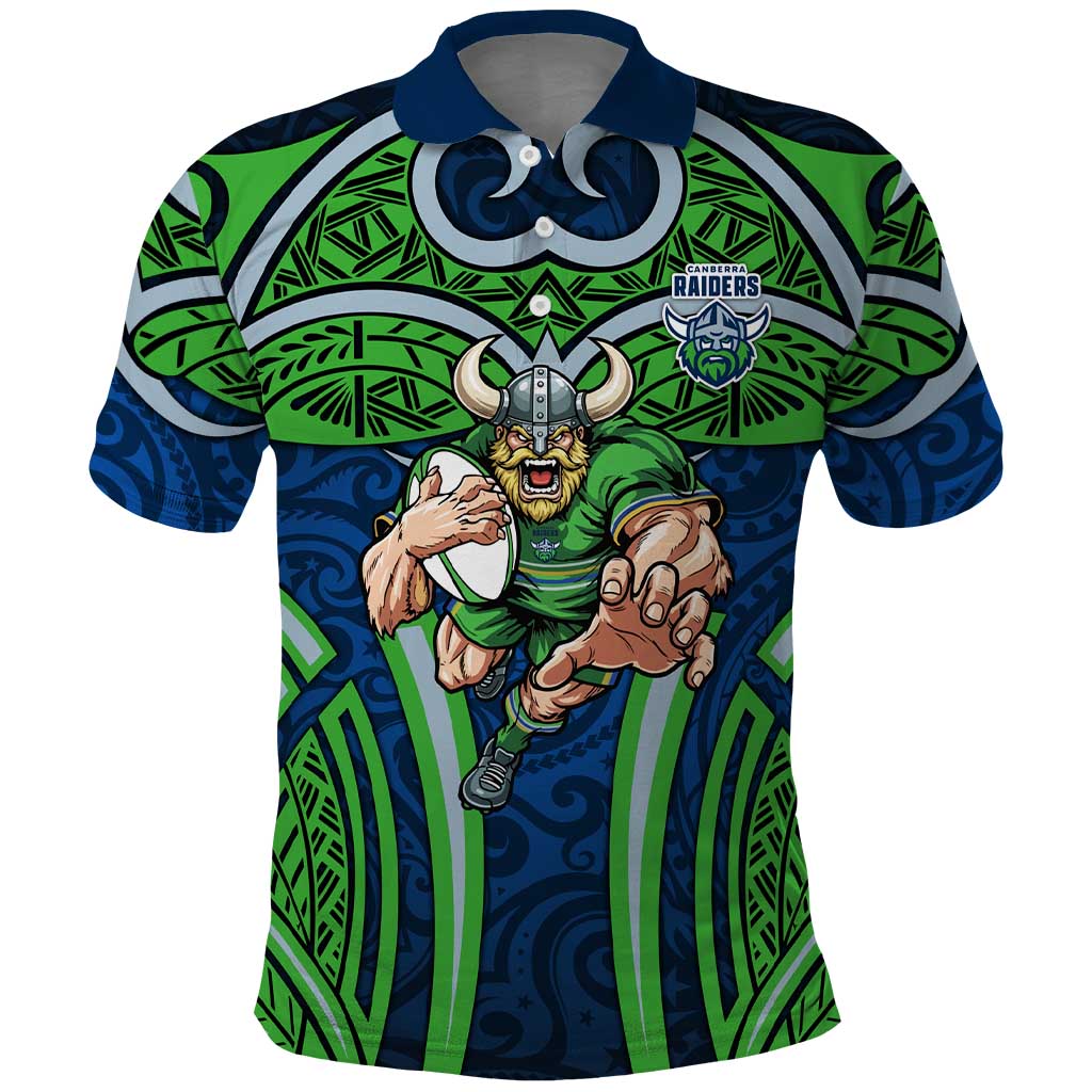 Canberra Raiders Rugby Polo Shirt Polynesian Tribal Viking Warrior Green Blue Pattern