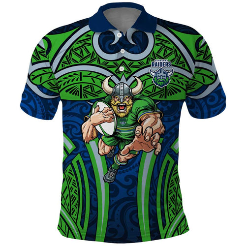 Canberra Raiders Rugby Polo Shirt Polynesian Tribal Viking Warrior Green Blue Pattern