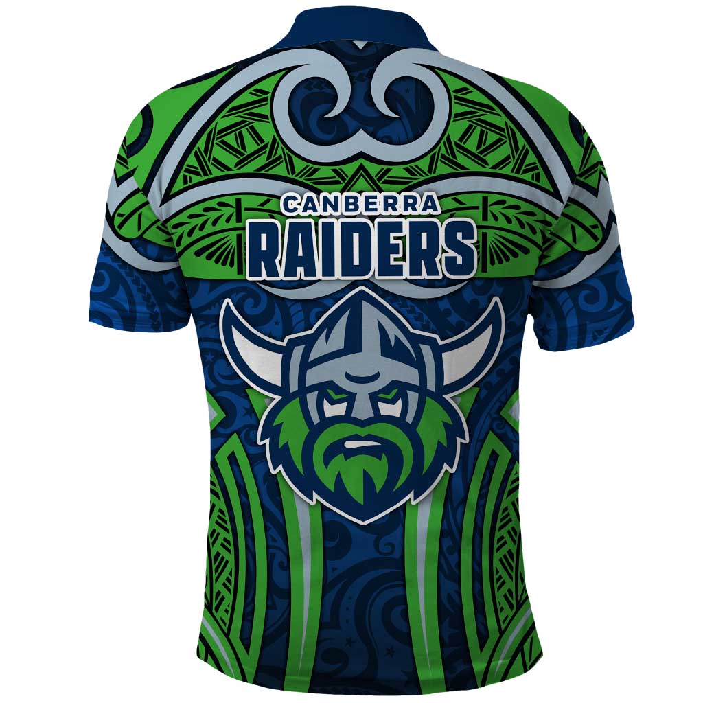Canberra Raiders Rugby Polo Shirt Polynesian Tribal Viking Warrior Green Blue Pattern