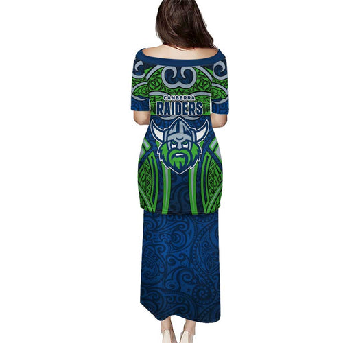 Canberra Raiders Rugby Puletasi Polynesian Tribal Viking Warrior Green Blue Pattern
