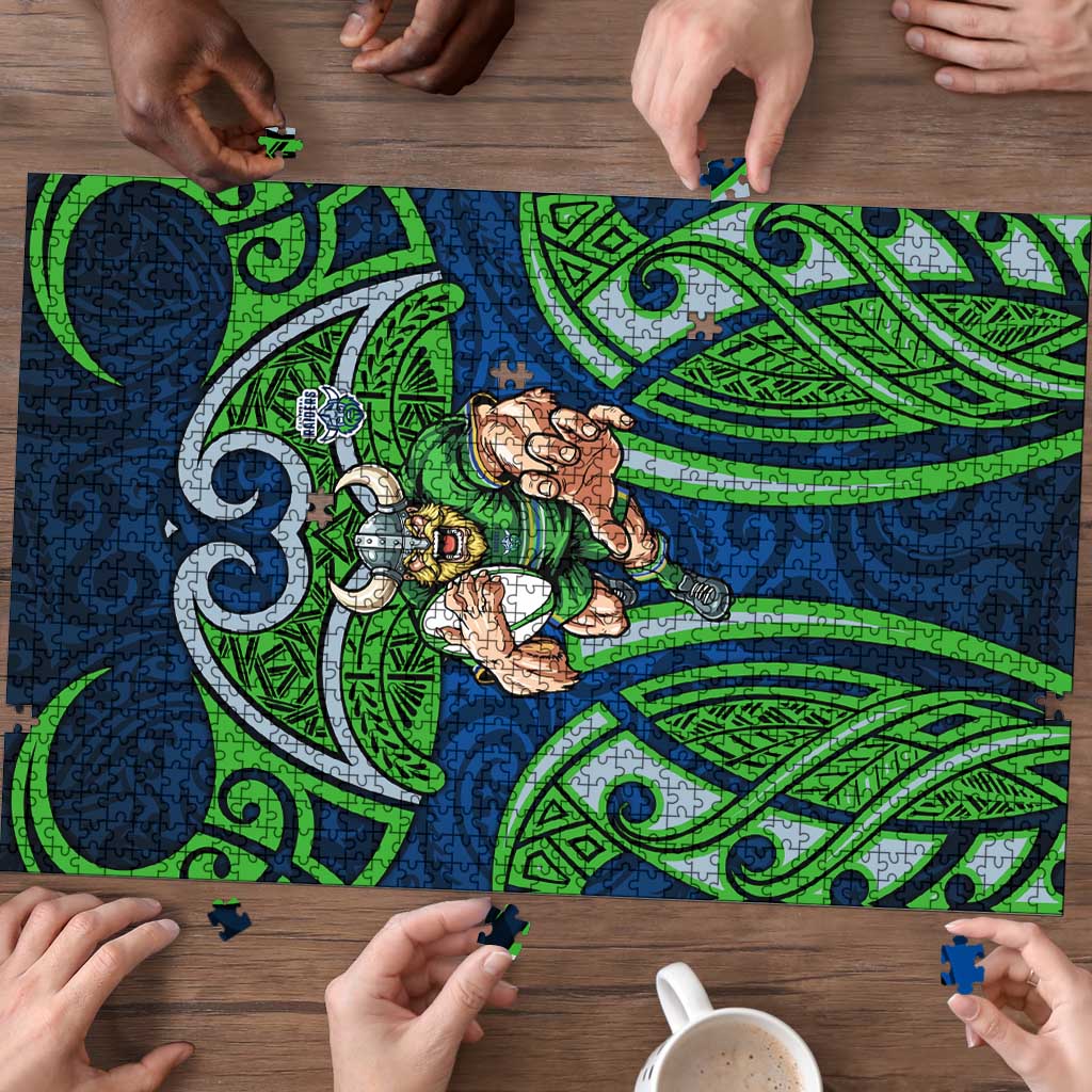 Canberra Raiders Rugby Puzzle Polynesian Tribal Viking Warrior Green Blue Pattern