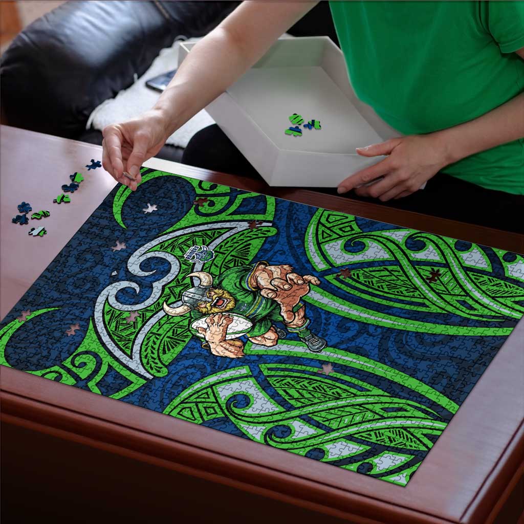Canberra Raiders Rugby Puzzle Polynesian Tribal Viking Warrior Green Blue Pattern