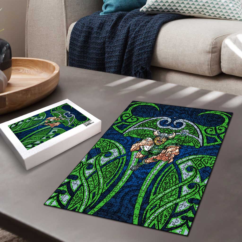 Canberra Raiders Rugby Puzzle Polynesian Tribal Viking Warrior Green Blue Pattern