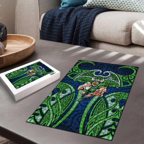 Canberra Raiders Rugby Puzzle Polynesian Tribal Viking Warrior Green Blue Pattern