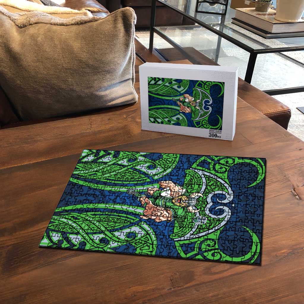 Canberra Raiders Rugby Puzzle Polynesian Tribal Viking Warrior Green Blue Pattern