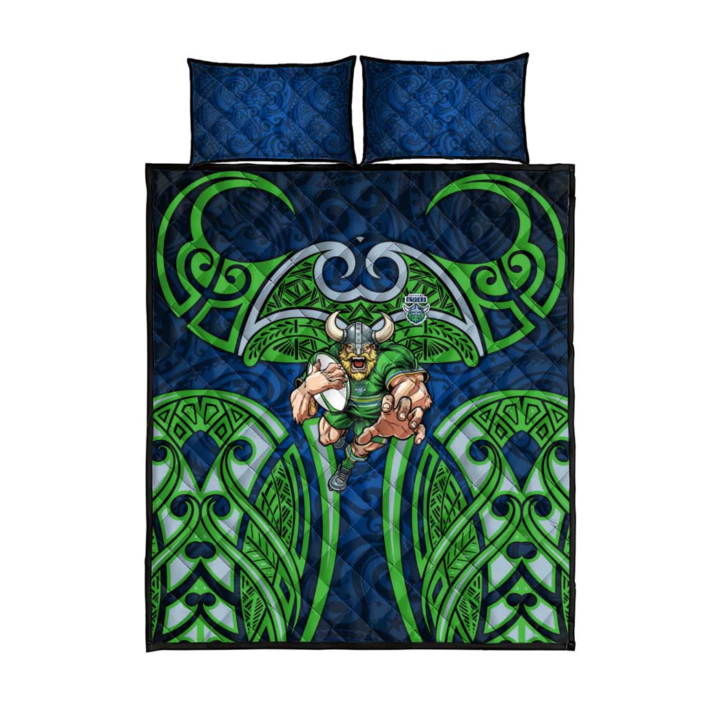 Canberra Raiders Rugby Quilt Bed Set Polynesian Tribal Viking Warrior Green Blue Pattern
