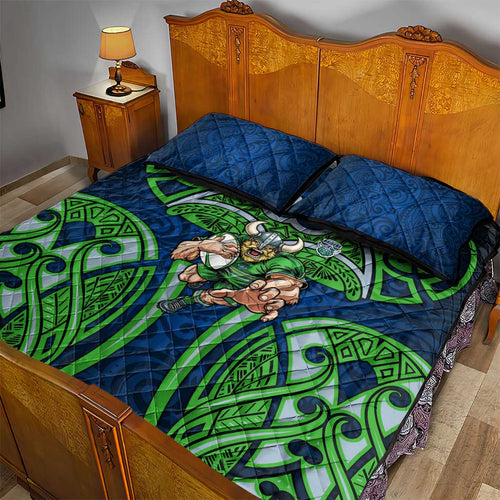 Canberra Raiders Rugby Quilt Bed Set Polynesian Tribal Viking Warrior Green Blue Pattern