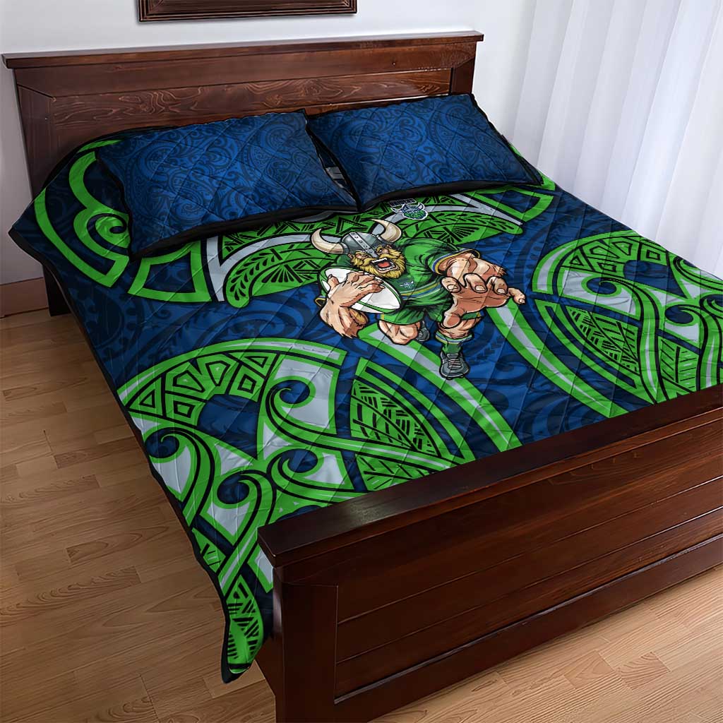 Canberra Raiders Rugby Quilt Bed Set Polynesian Tribal Viking Warrior Green Blue Pattern